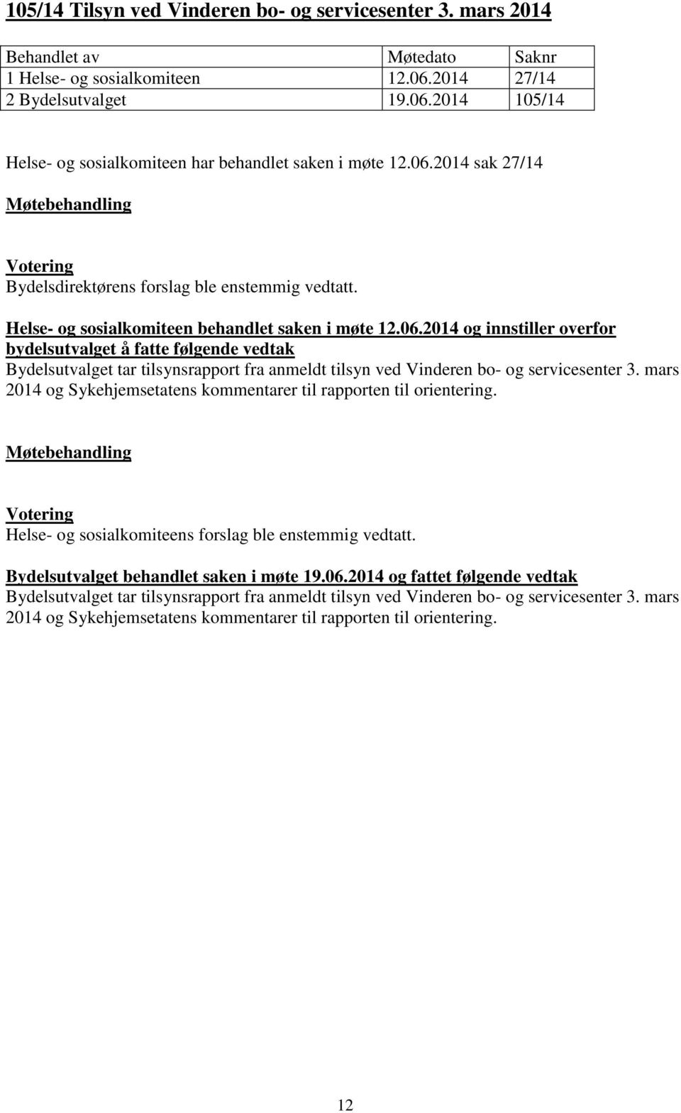 mars 2014 og Sykehjemsetatens kommentarer til rapporten til orientering. Helse- og sosialkomiteens forslag ble enstemmig vedtatt.