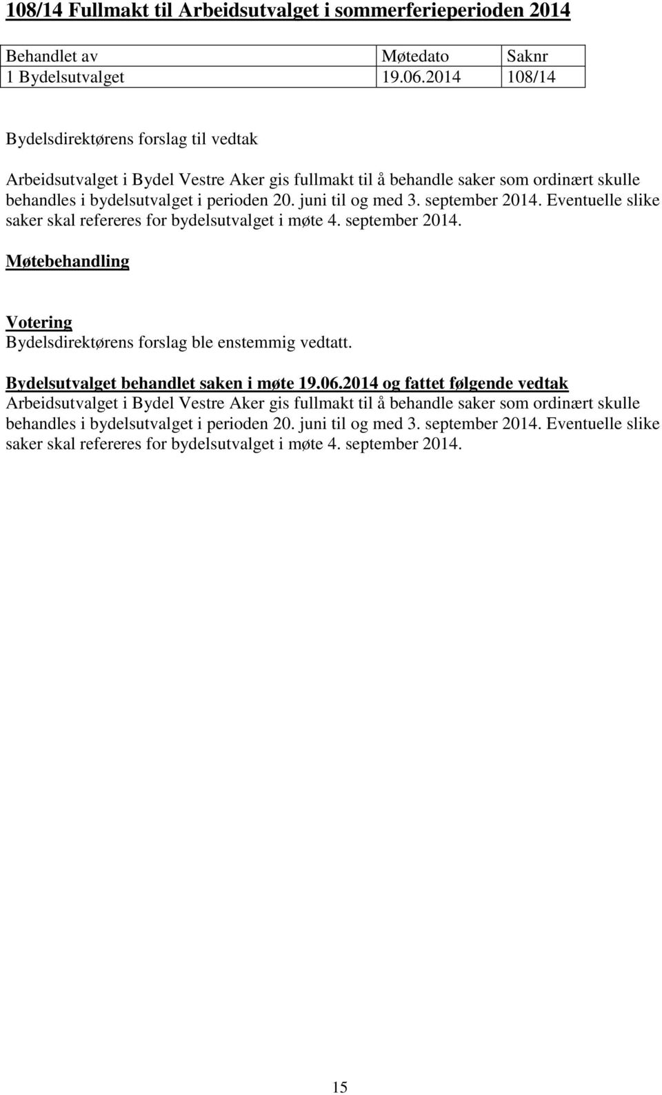 perioden 20. juni til og med 3. september 2014. Eventuelle slike saker skal refereres for bydelsutvalget i møte 4. september 2014. Bydelsdirektørens forslag ble enstemmig vedtatt.