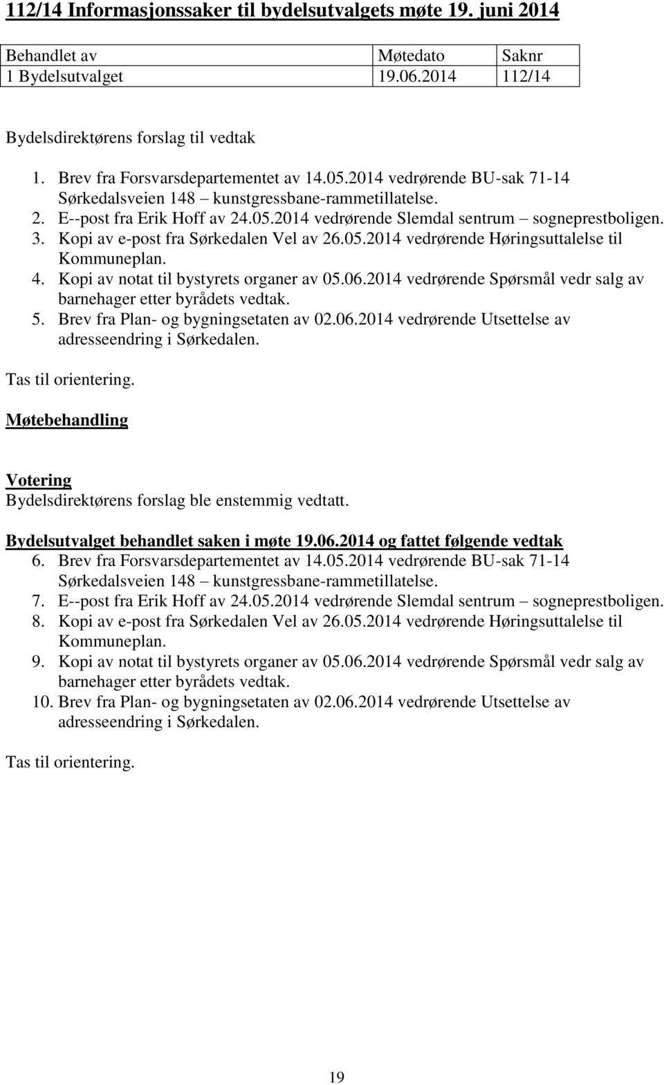 Kopi av e-post fra Sørkedalen Vel av 26.05.2014 vedrørende Høringsuttalelse til Kommuneplan. 4. Kopi av notat til bystyrets organer av 05.06.