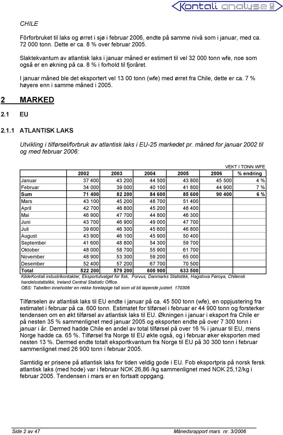 I januar måned ble det eksportert vel 13 00 tonn (wfe) med ørret fra Chile, dette er ca. 7 % høyere enn i samme måned i 2005. 2 MARKED 2.1 EU 2.1.1 ATLANTISK LAKS Utvikling i tilførsel/forbruk av atlantisk laks i EU-25 markedet pr.