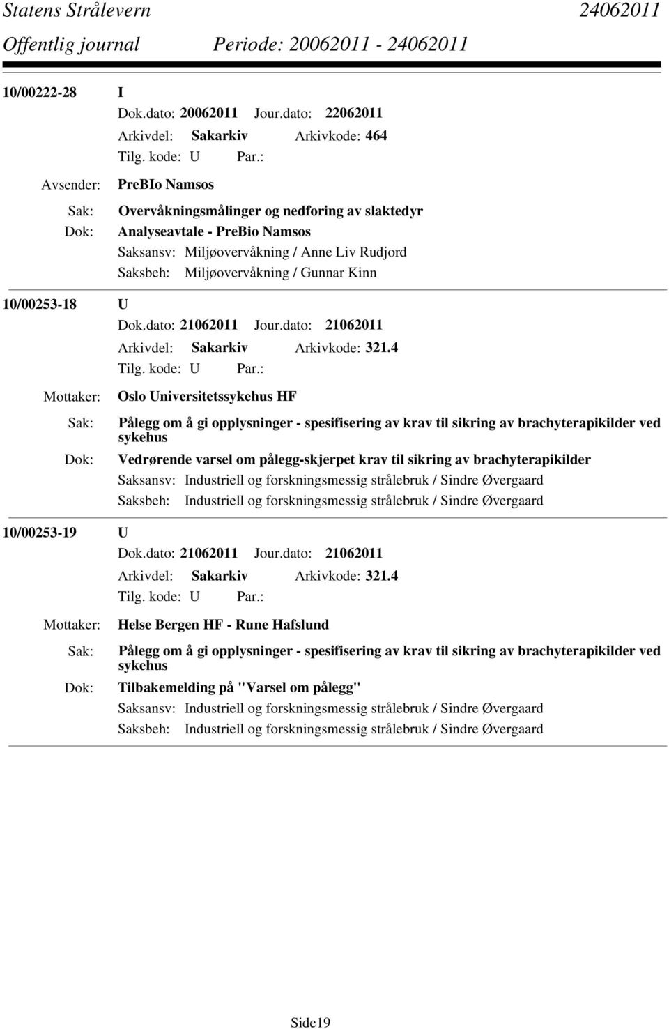 Miljøovervåkning / Gunnar Kinn 10/00253-18 U Dok.dato: 21062011 Jour.dato: 21062011 Arkivdel: Sakarkiv Arkivkode: 321.