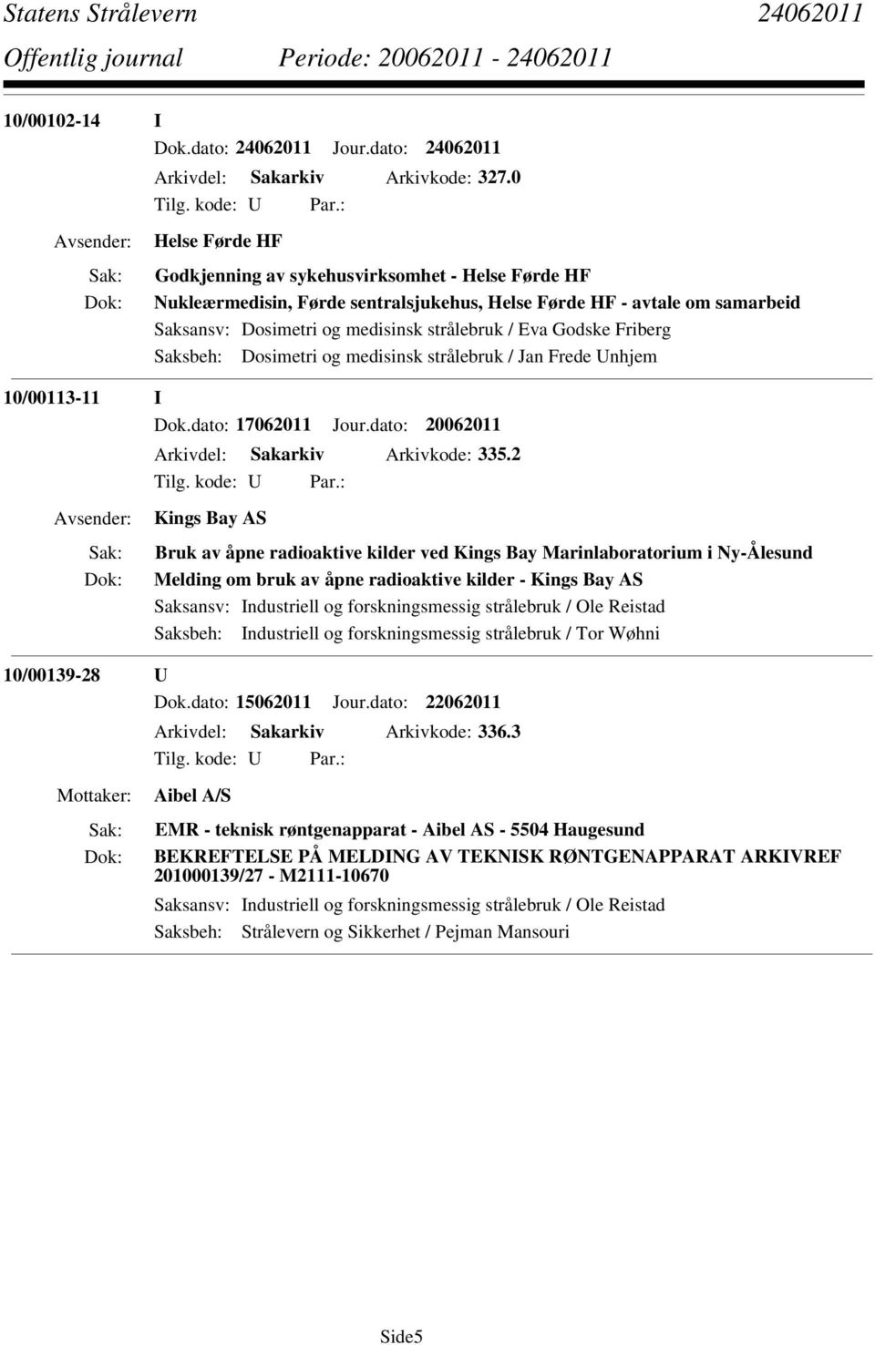 Friberg Saksbeh: Dosimetri og medisinsk strålebruk / Jan Frede Unhjem 10/00113-11 I Dok.dato: 17062011 Jour.dato: 20062011 Arkivdel: Sakarkiv Arkivkode: 335.