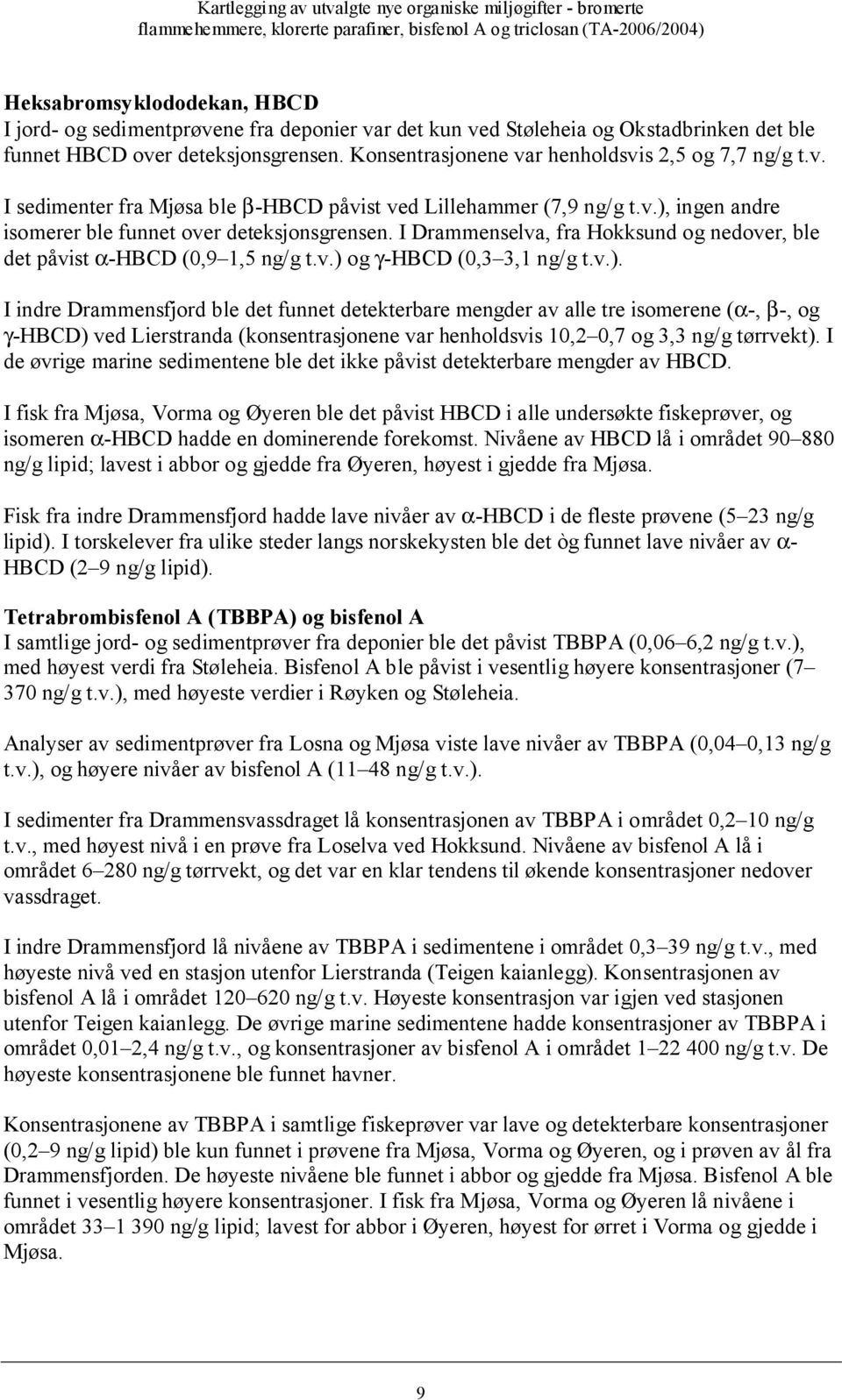 I Drammenselva, fra Hokksund og nedover, ble det påvist α-hbcd (0,9 1,5 ng/g t.v.) 