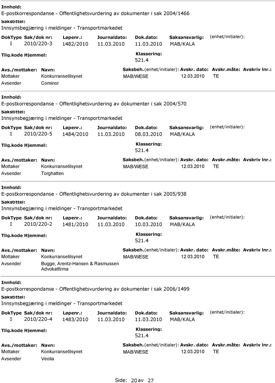 4 MAB/WESE TE Avsender Torghatten E-postkorrespondanse - Offentlighetsvurdering av dokumenter i sak 2005/938 nnsynsbegjæring i meldinger - Transportmarkedet 2010/220-2 1481/2010 MAB/KALA 521.