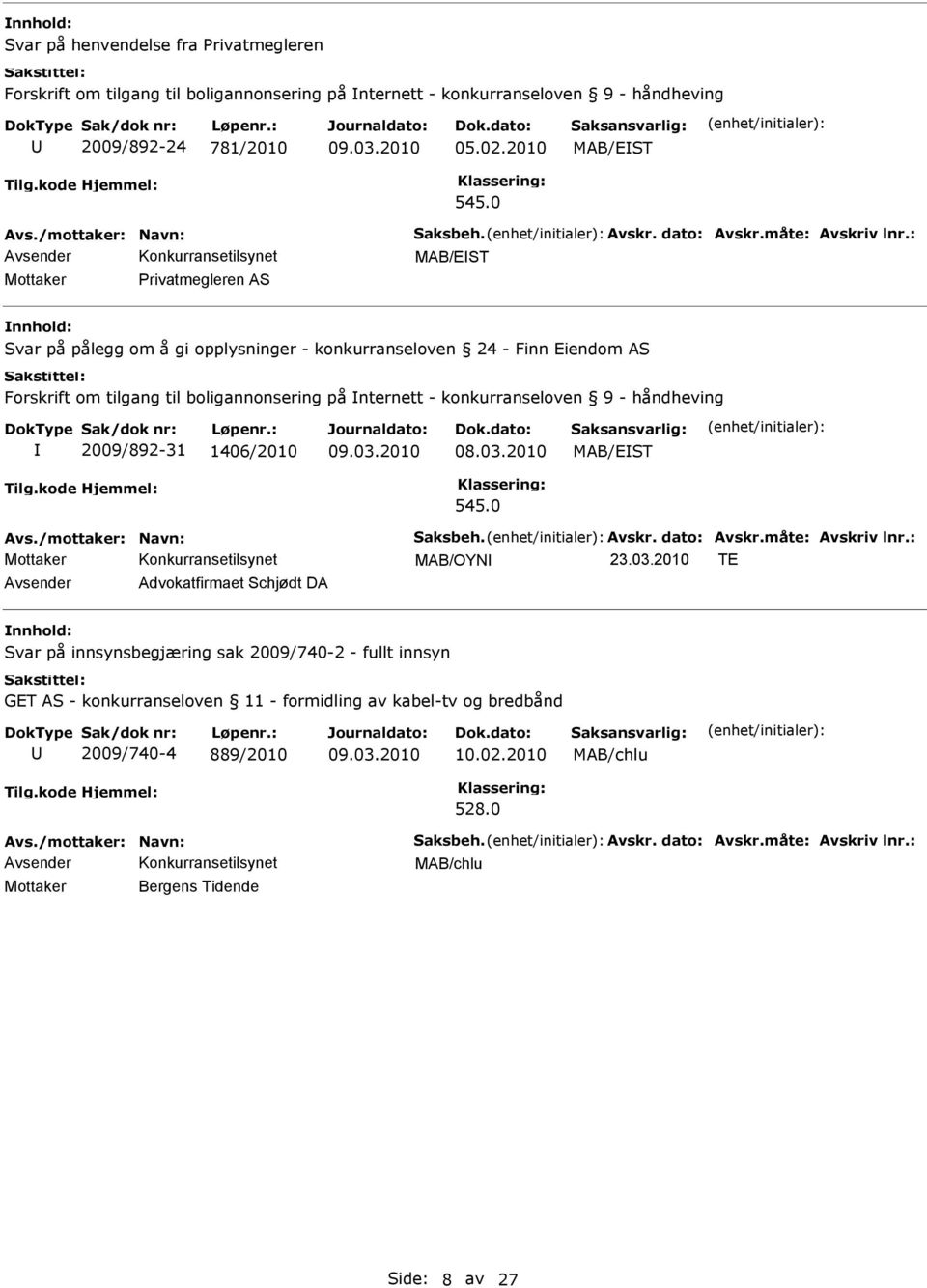 0 MAB/EST Mottaker Privatmegleren AS Svar på pålegg om å gi opplysninger - konkurranseloven 24 - Finn Eiendom AS Forskrift om tilgang til boligannonsering på