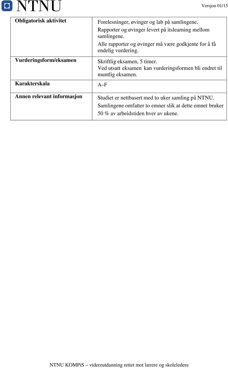 Alle rapporter og øvinger må være godkjente for å få endelig vurdering. Skriftlig eksamen, 5 timer.