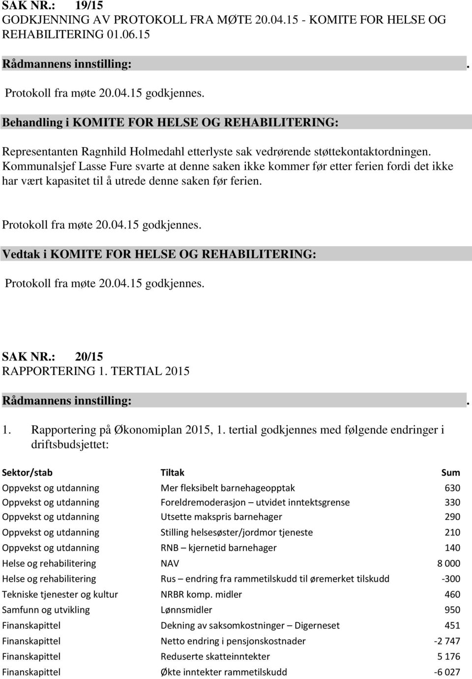 Kommunalsjef Lasse Fure svarte at denne saken ikke kommer før etter ferien fordi det ikke har vært kapasitet til å utrede denne saken før ferien. Protokoll fra møte 20.04.15 godkjennes.