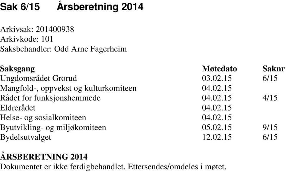 02.15 4/15 Eldrerådet 04.02.15 Helse- og sosialkomiteen 04.02.15 Byutvikling- og miljøkomiteen 05.02.15 9/15 Bydelsutvalget 12.