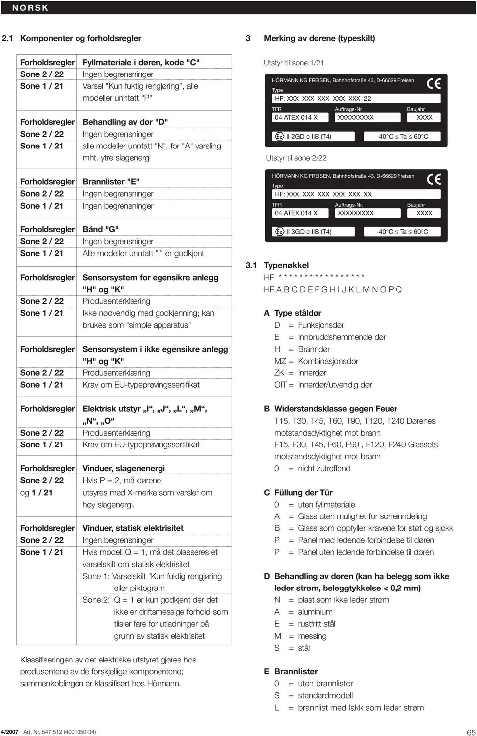 ytre slagenergi Brannlister "E" Bånd "G" Alle modeller unntatt "I" er godkjent Sensorsystem for egensikre anlegg "H" og "K" Produsenterklæring Ikke nødvendig med godkjenning; kan brukes som "simple