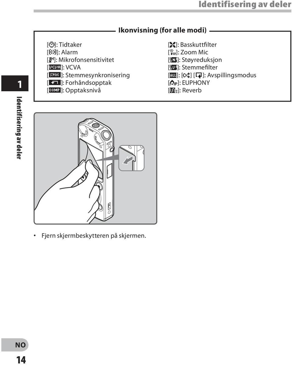 Opptaksnivå [0]: Basskuttfilter [ ]: Zoom Mic [%]: Støyreduksjon [$]: Stemmefilter [Ü]: [á]