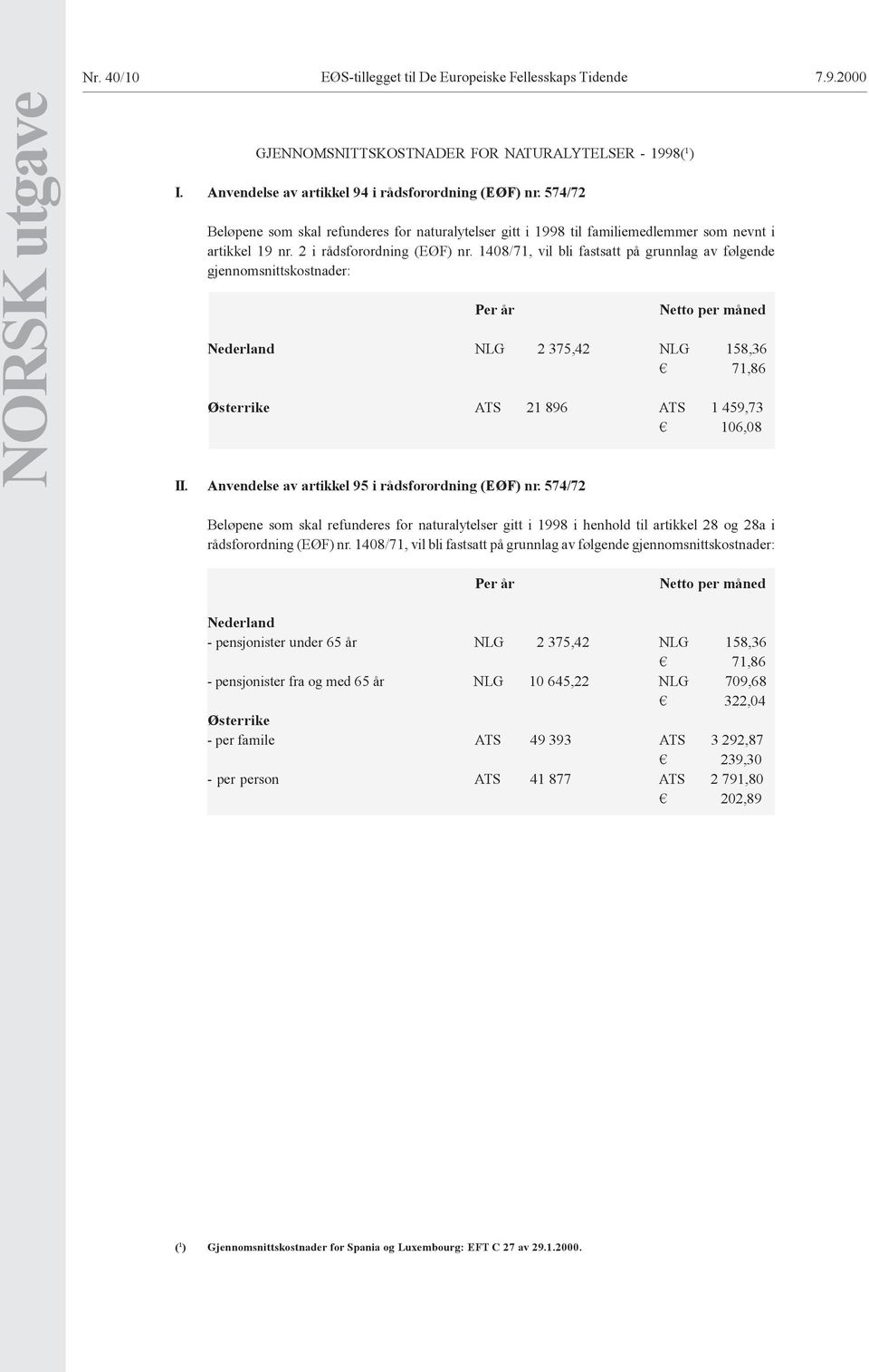 1408/71, vil bli fastsatt på grunnlag av følgende gjennomsnittskostnader: Per år Netto per måned Nederland NLG 2 375,42 NLG 158,36 71,86 Østerrike ATS 21 896 ATS 1 459,73 106,08 II.