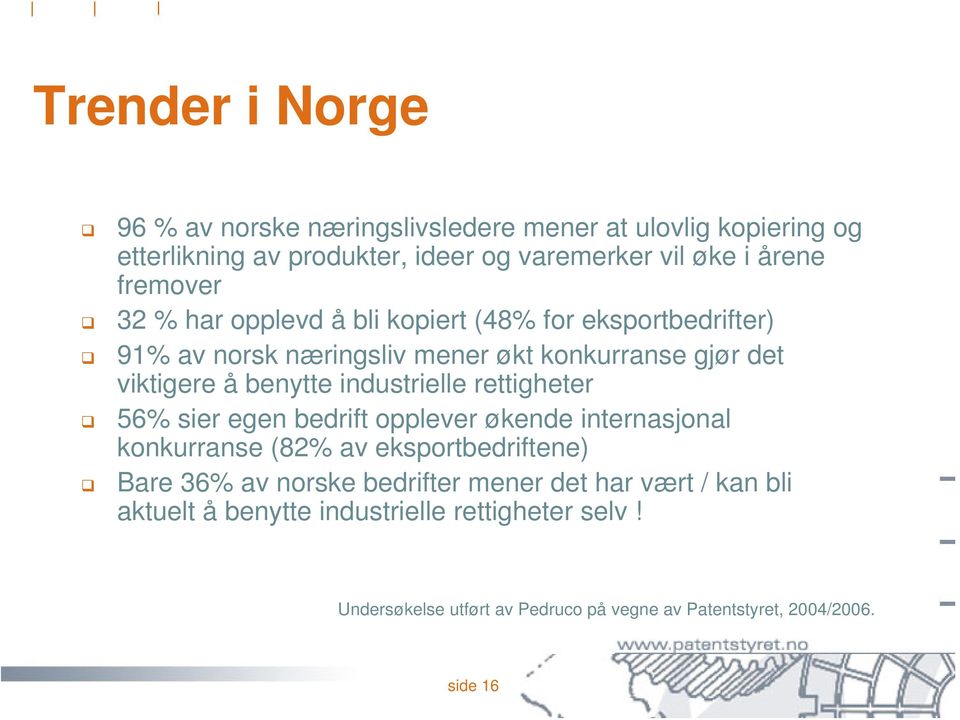 industrielle rettigheter 56% sier egen bedrift opplever økende internasjonal konkurranse (82% av eksportbedriftene) Bare 36% av norske bedrifter