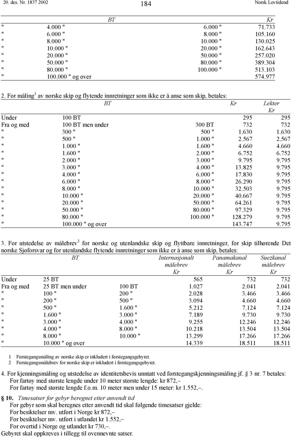 For måling 1 av norske skip og flytende innretninger som ikke er å anse som skip, betales: BT Kr Lekter Kr Under 100 BT 295 295 Fra og med 100 BT men under 300 BT 732 732 " 300 " 500 " 1.630 1.
