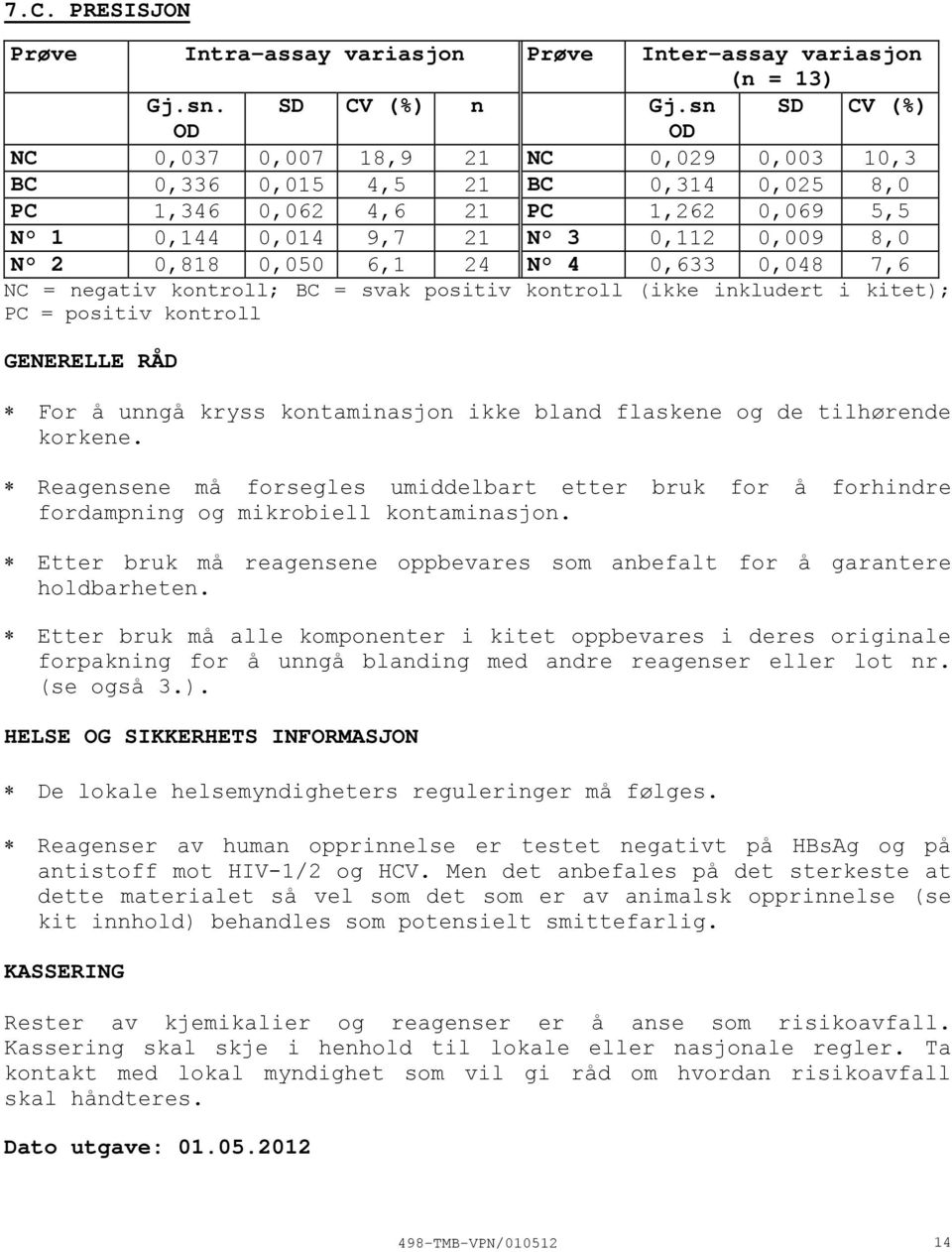 0,050 6,1 24 N 4 0,633 0,048 7,6 NC = negativ kontroll; BC = svak positiv kontroll (ikke inkludert i kitet); PC = positiv kontroll GENERELLE RÅD For å unngå kryss kontaminasjon ikke bland flaskene og