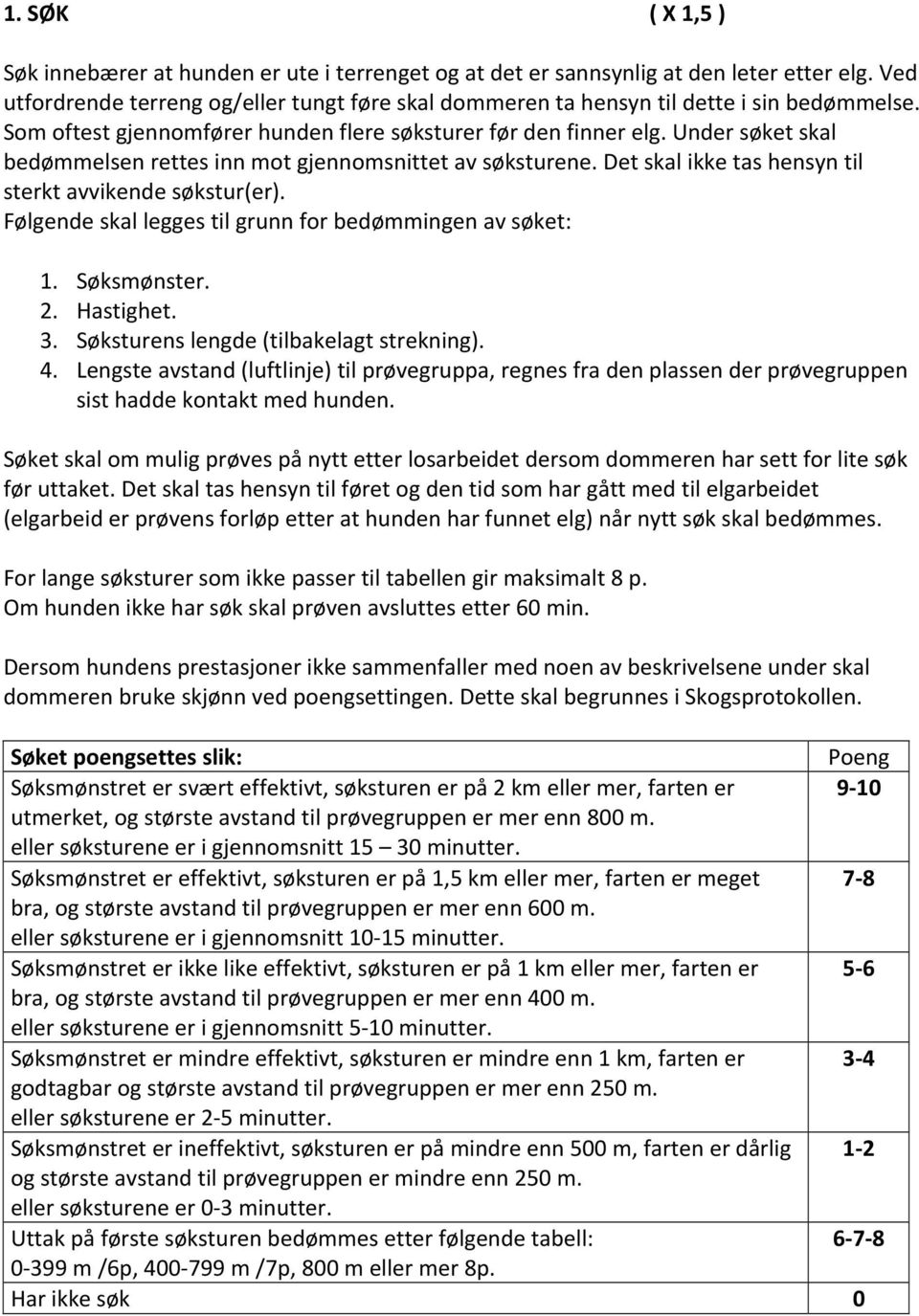 Under søket skal bedømmelsen rettes inn mot gjennomsnittet av søksturene. Det skal ikke tas hensyn til sterkt avvikende søkstur(er). Følgende skal legges til grunn for bedømmingen av søket: 1.