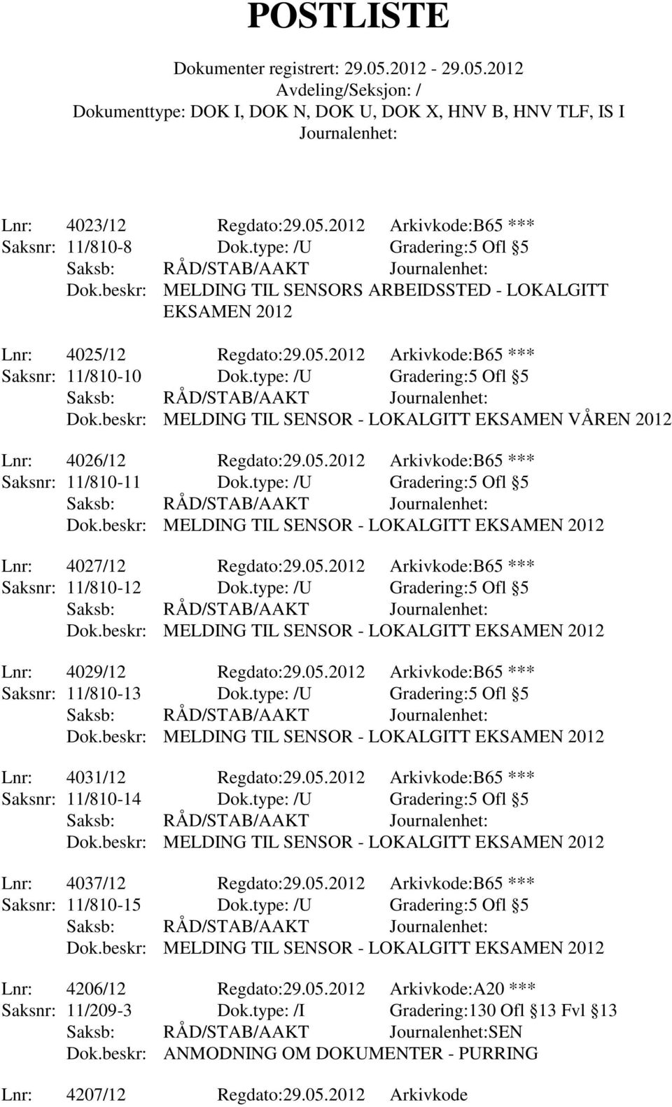 type: /U Gradering:5 Ofl 5 Lnr: 4027/12 Regdato:29.05.2012 Arkivkode:B65 *** Saksnr: 11/810-12 Dok.type: /U Gradering:5 Ofl 5 Lnr: 4029/12 Regdato:29.05.2012 Arkivkode:B65 *** Saksnr: 11/810-13 Dok.