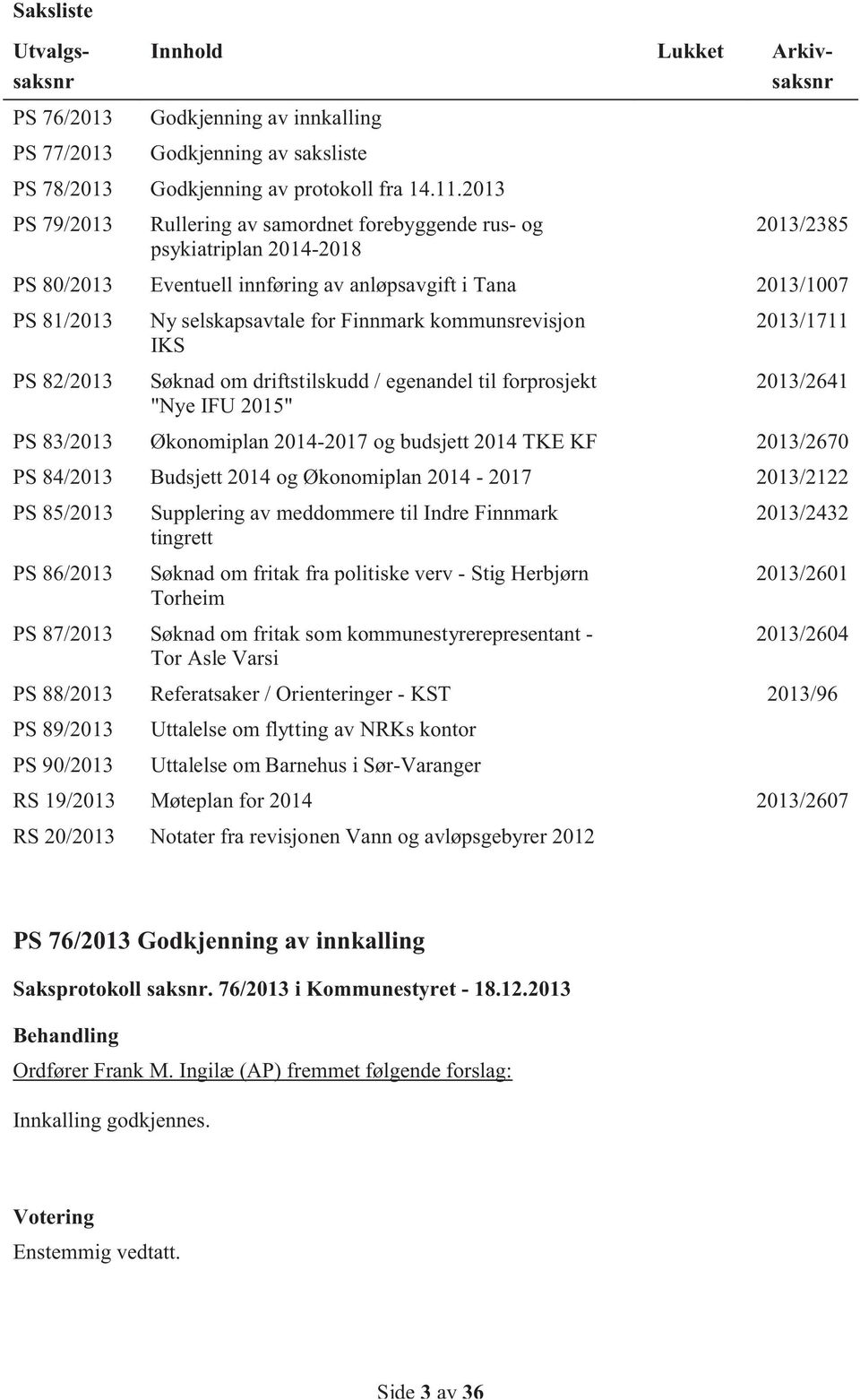 kommunsrevisjon 2013/1711 IKS PS 82/2013 Søknad om driftstilskudd / egenandel til forprosjekt 2013/2641 "Nye IFU 2015" PS 83/2013 Økonomiplan 2014-2017 og budsjett 2014 TKE KF 2013/2670 PS 84/2013