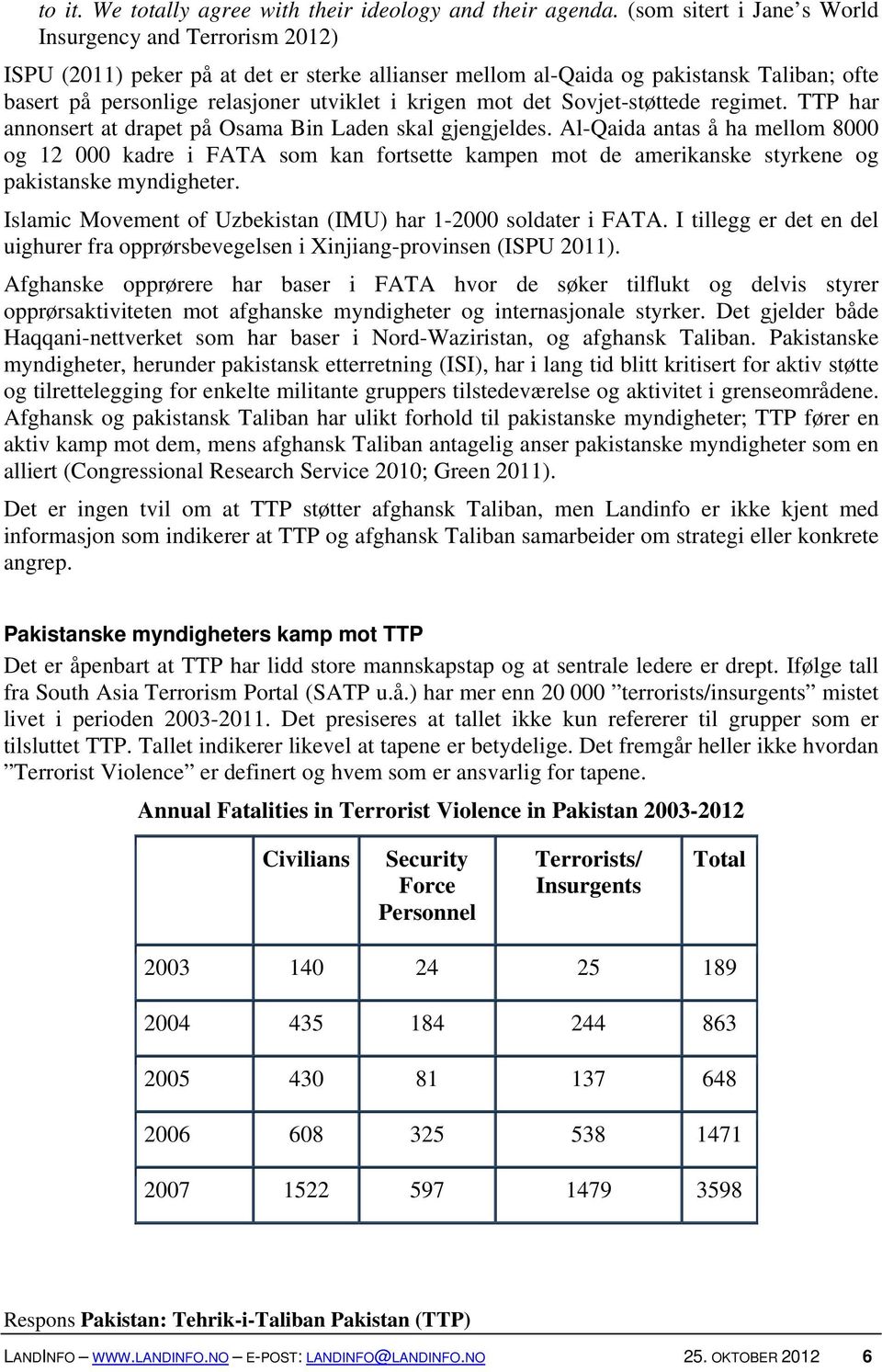 mot det Sovjet-støttede regimet. TTP har annonsert at drapet på Osama Bin Laden skal gjengjeldes.