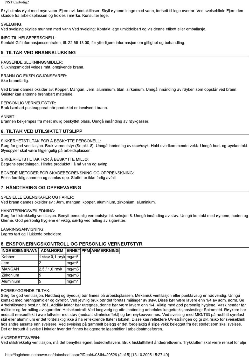 INFO TIL HELSEPERSONELL: Kontakt Giftinformasjonssentralen, tlf. 22 59 13 00, for ytterligere informasjon om giftighet og behandling. 5. TILTAK VED BRANNSLUKKING PASSENDE SLUKNINGSMIDLER: Slukningsmiddel velges mht.