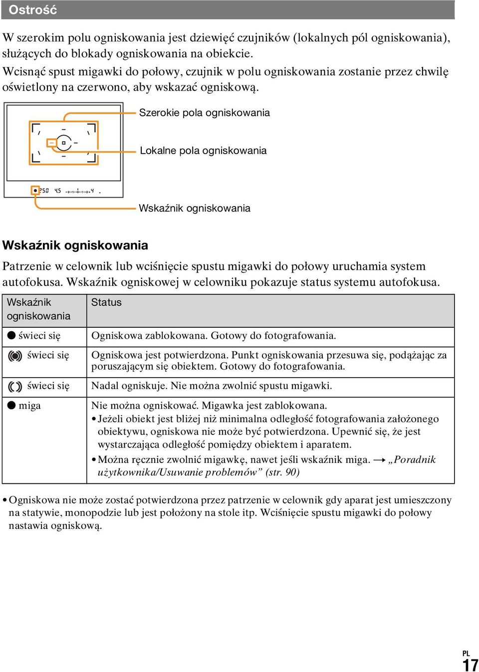 Szerokie pola ogniskowania Lokalne pola ogniskowania Wskaźnik ogniskowania Wskaźnik ogniskowania Patrzenie w celownik lub wciśnięcie spustu migawki do połowy uruchamia system autofokusa.