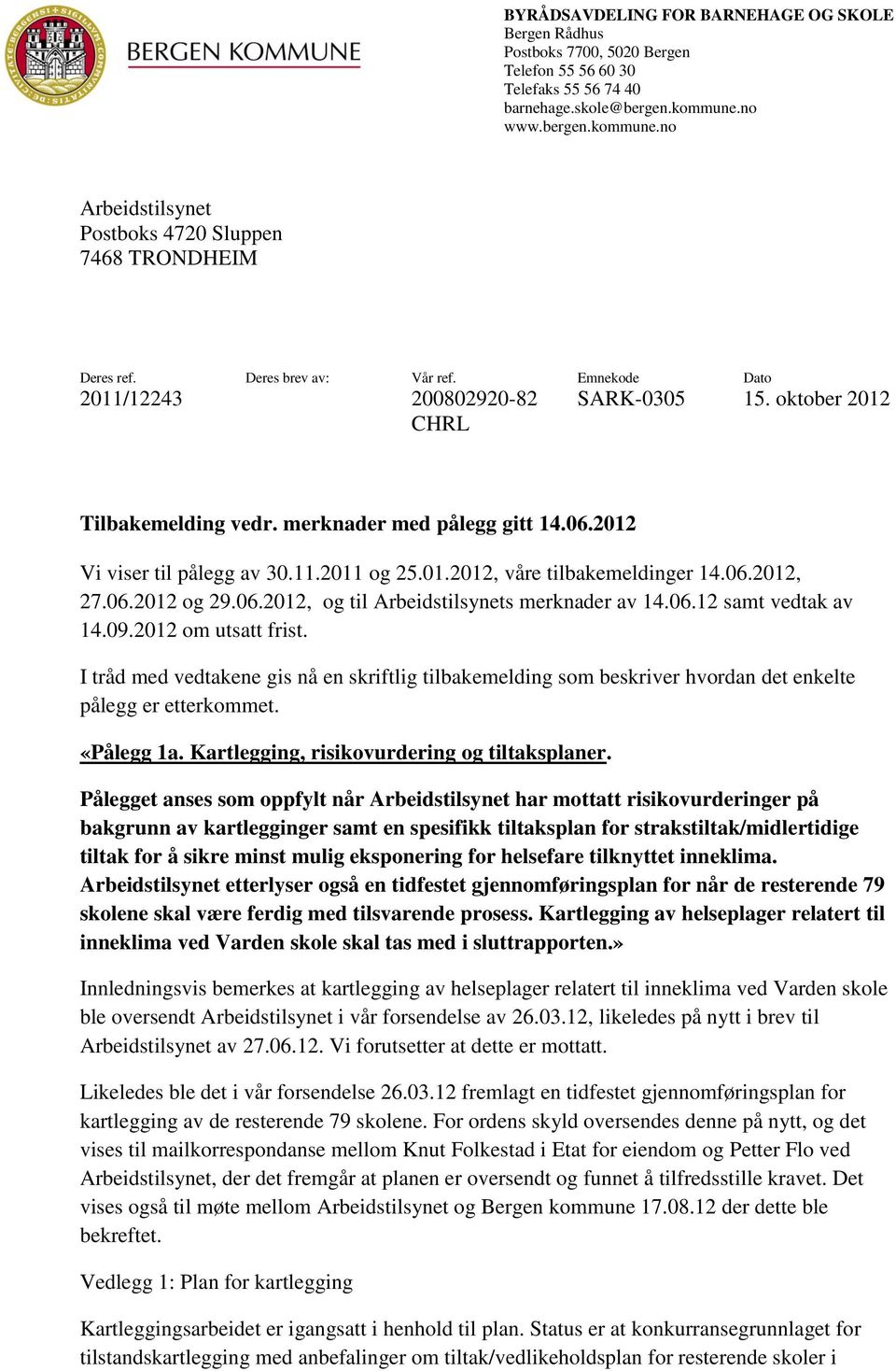 oktober 2012 CHRL Tilbakemelding vedr. merknader med pålegg gitt 14.06.2012 Vi viser til pålegg av 30.11.2011 og 25.01.2012, våre tilbakemeldinger 14.06.2012, 27.06.2012 og 29.06.2012, og til Arbeidstilsynets merknader av 14.