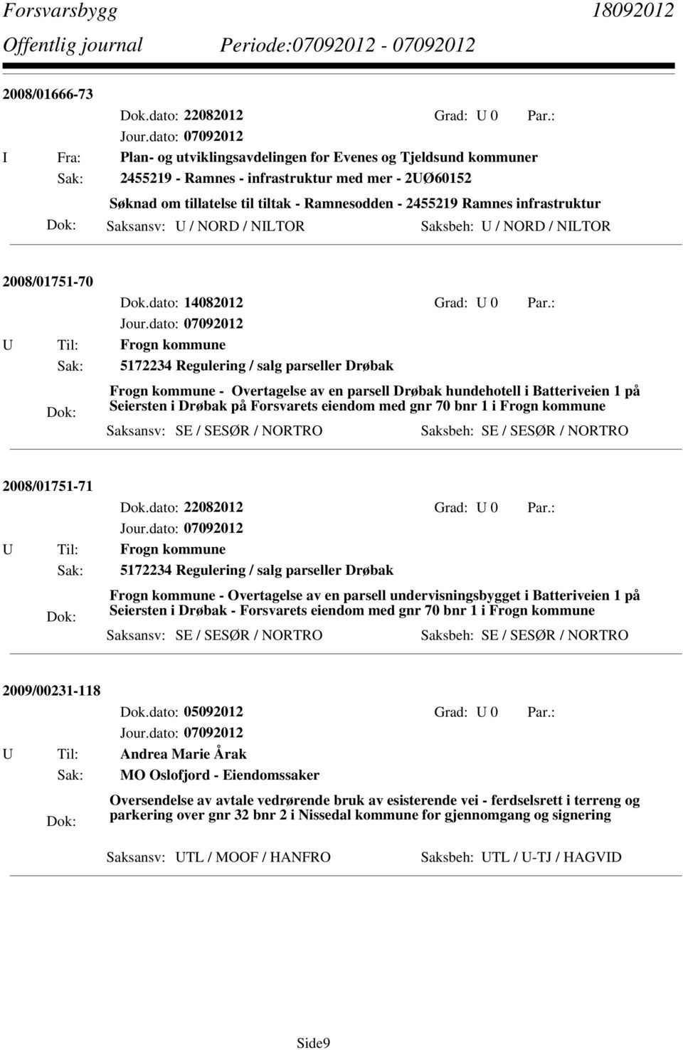 infrastruktur Saksansv: U / NORD / NILTOR Saksbeh: U / NORD / NILTOR 2008/01751-70 Dok.dato: 14082012 Grad: U 0 Par.