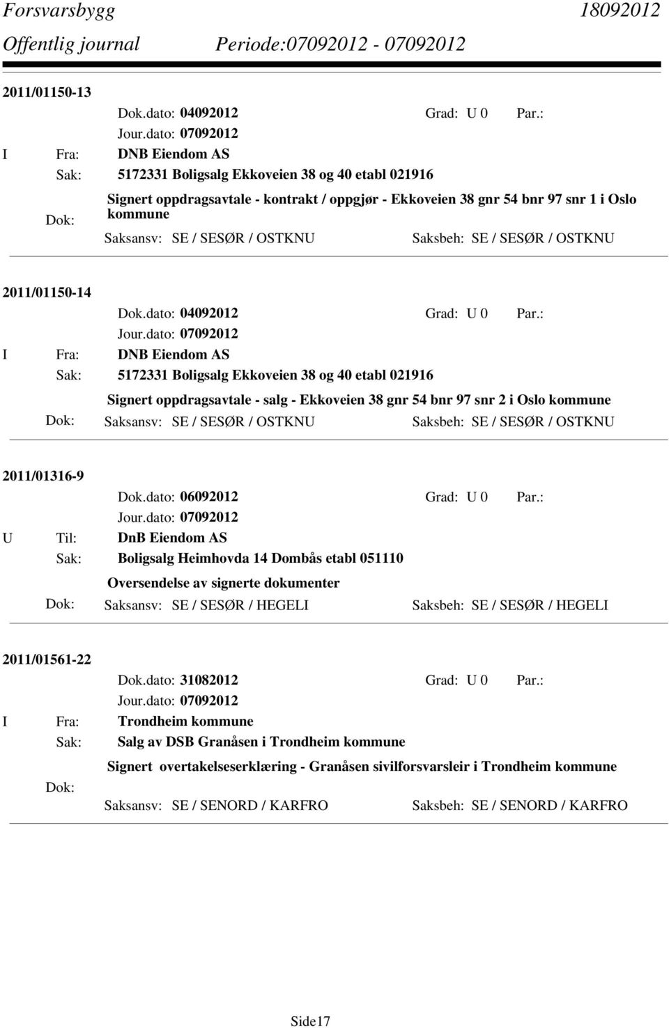 OSTKNU Saksbeh: SE / SESØR / OSTKNU 2011/01150-14 Dok.dato: 04092012 Grad: U 0 Par.