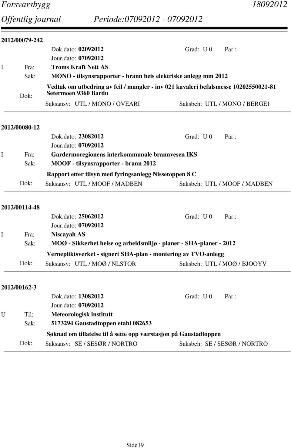 Bardu Saksansv: UTL / MONO / OVEARI Saksbeh: UTL / MONO / BERGE1 2012/00080-12 Dok.dato: 23082012 Grad: U 0 Par.