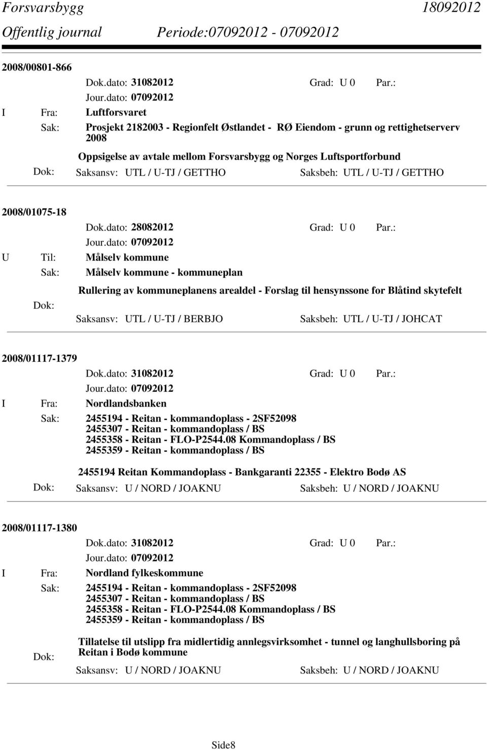 U-TJ / GETTHO Saksbeh: UTL / U-TJ / GETTHO 2008/01075-18 Dok.dato: 28082012 Grad: U 0 Par.