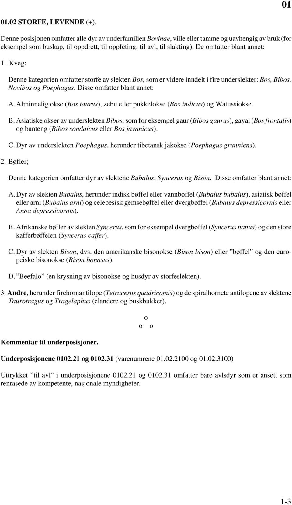 De omfatter blant annet: 1. Kveg: Denne kategorien omfatter storfe av slekten Bos, som er videre inndelt i fire underslekter: Bos, Bibos, Novibos og Poephagus. Disse omfatter blant annet: A.