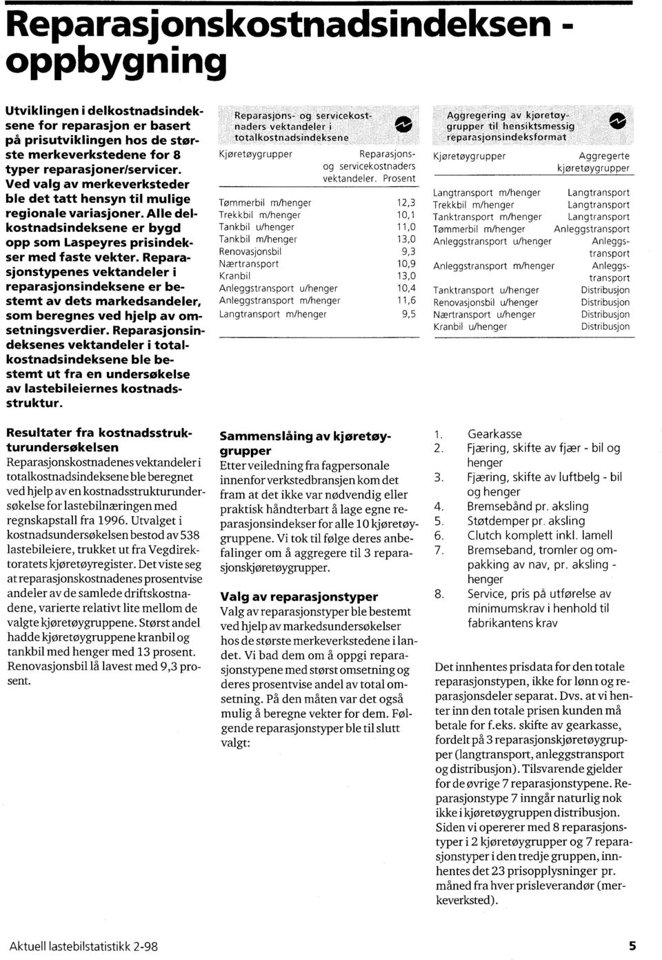 Reparasjonstypenes vektandeler i reparasjonsindeksene er bestemt av dets markedsandeler, som beregnes ved hjelp av omsetningsverdier.