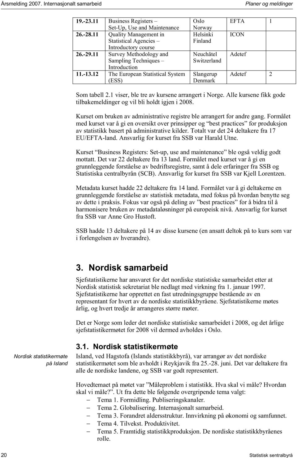 12 The European Statistical System (ESS) Oslo Norway Helsinki Finland Neuchâtel Switzerland Slangerup Denmark EFTA 1 ICON Adetef Adetef 2 Som tabell 2.1 viser, ble tre av kursene arrangert i Norge.