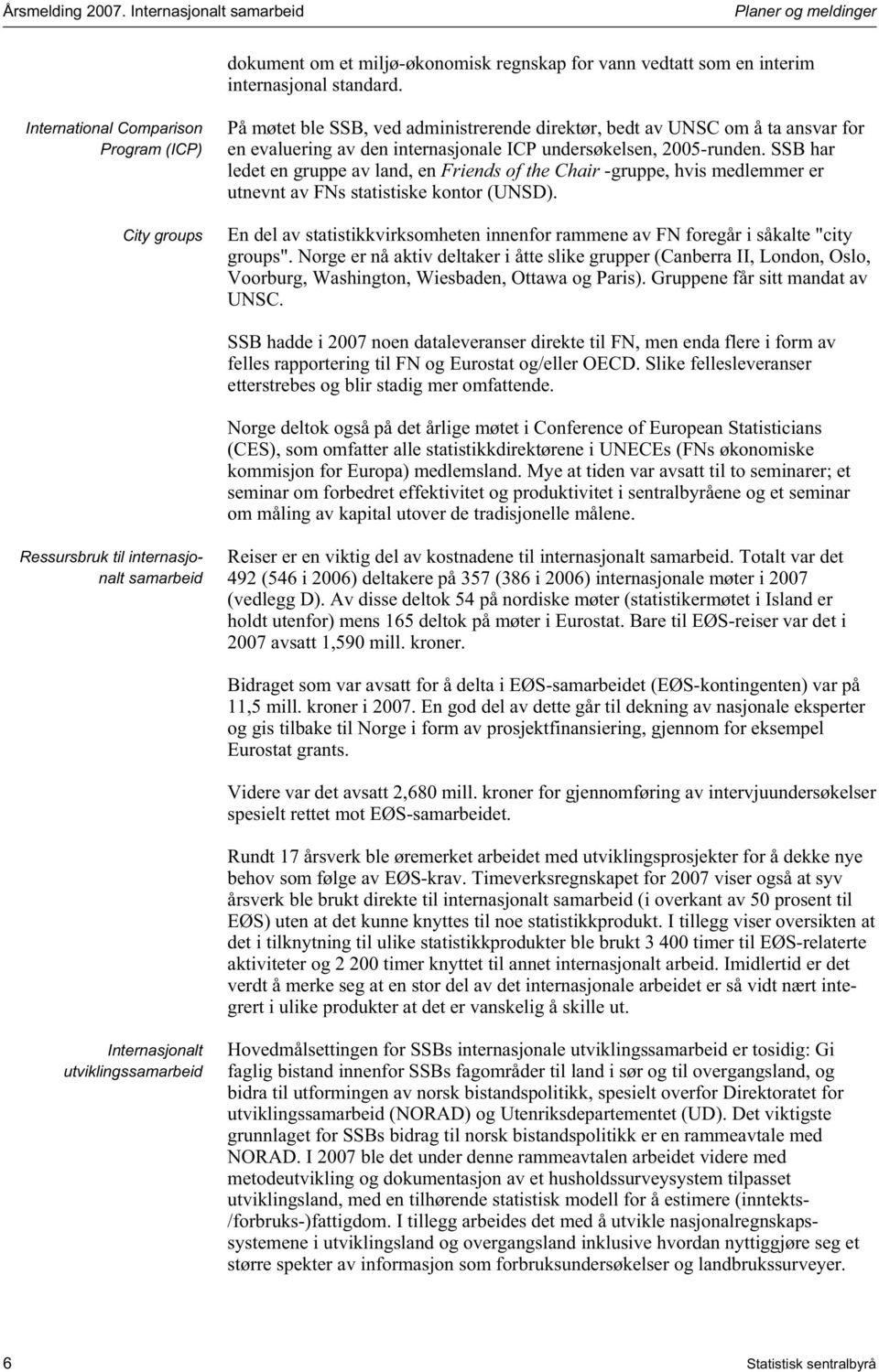 SSB har ledet en gruppe av land, en Friends of the Chair -gruppe, hvis medlemmer er utnevnt av FNs statistiske kontor (UNSD).