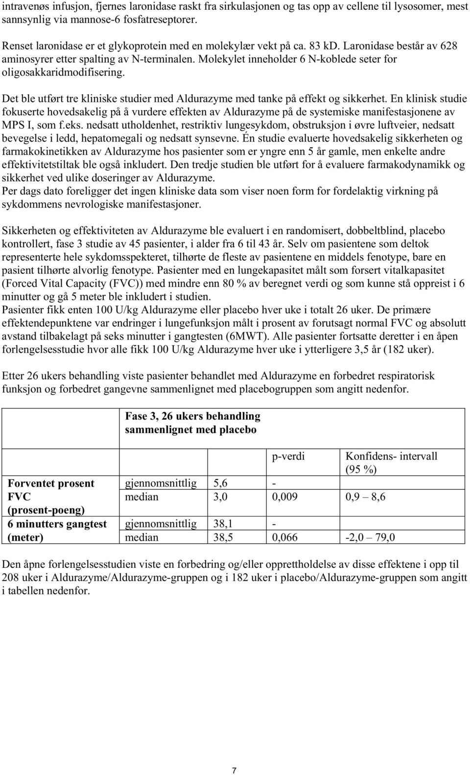 Molekylet inneholder 6 N-koblede seter for oligosakkaridmodifisering. Det ble utført tre kliniske studier med Aldurazyme med tanke på effekt og sikkerhet.