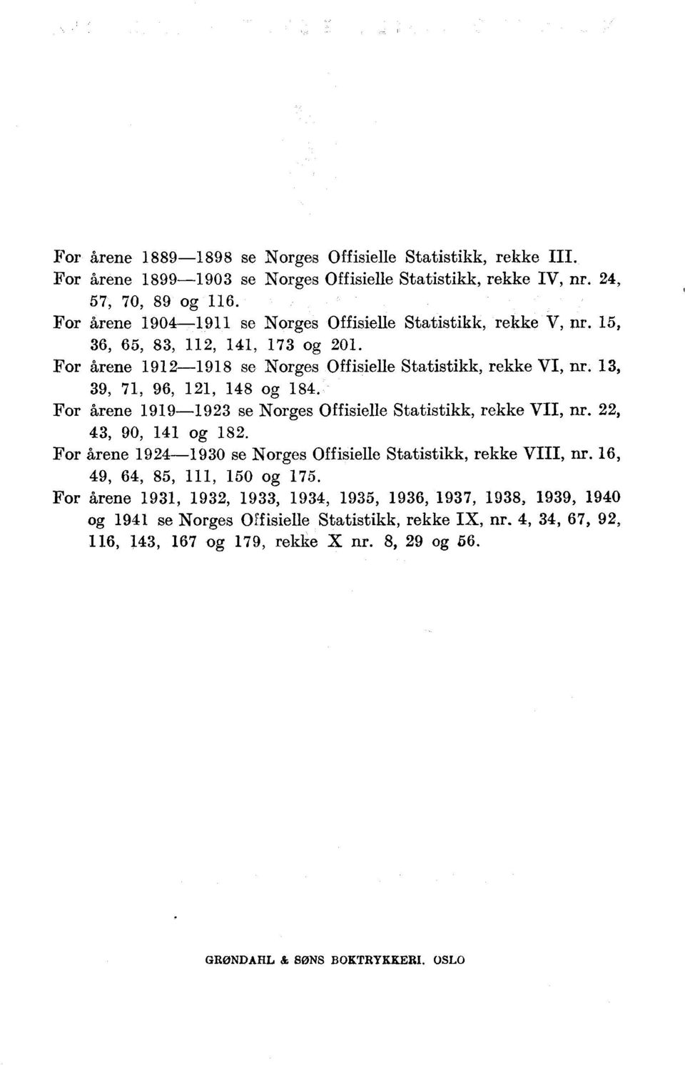 , 9, 7, 96,, 8 og 8. For årene 99-9 se Norges Offisielle Statistikk, rekke VII, nr.,, 90, og 8. For årene 9-90 se Norges Offisielle Statistikk, rekke VIII, nr.