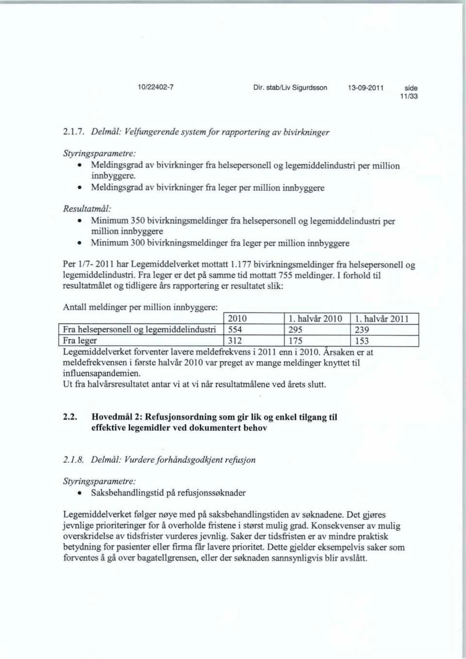 bivirkningsmeldinger fra leger per million innbyggere Per 1/7-2011 har Legemiddelverket mottatt 1.177 bivirkningsmeldinger fra helsepersonell og legemiddelindustri.