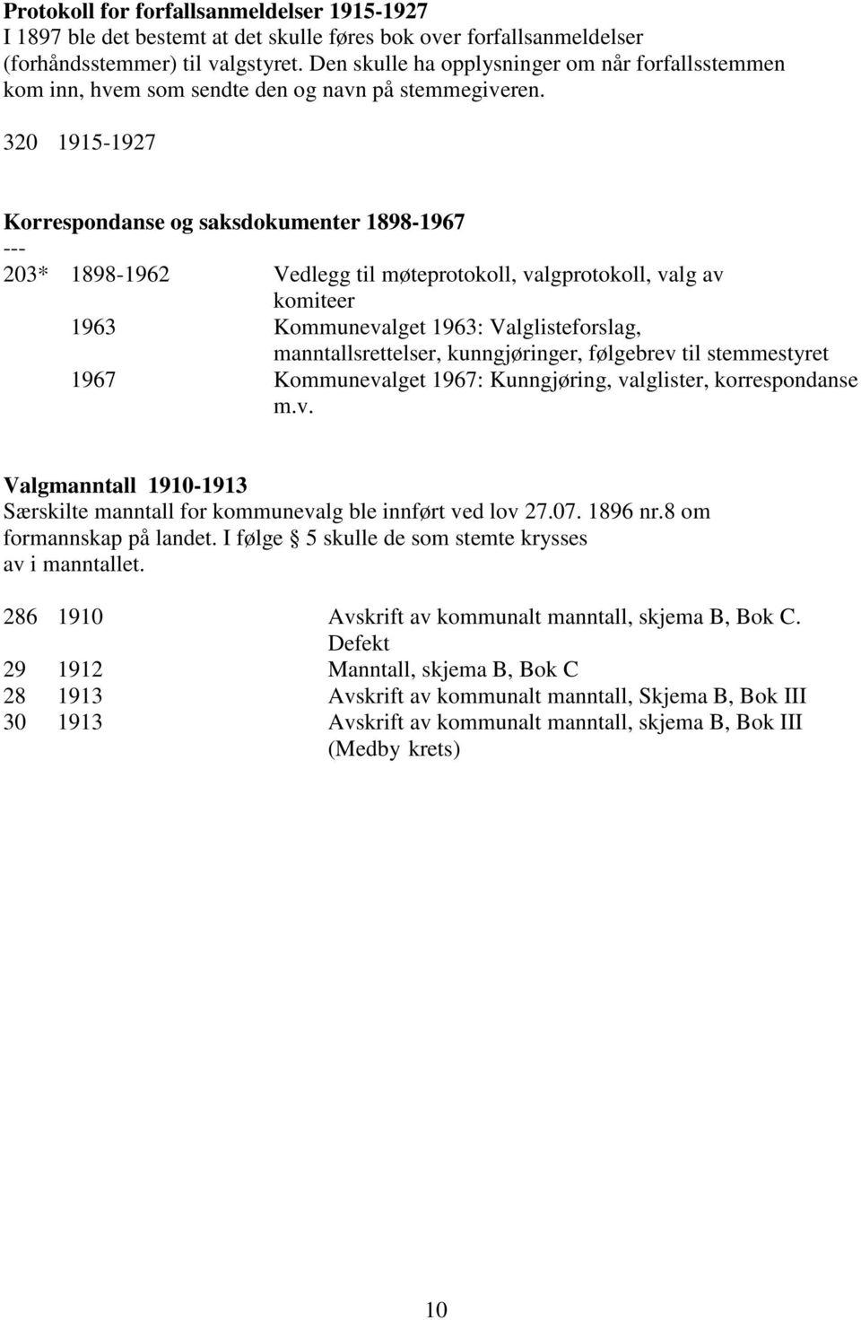 320 1915-1927 Korrespondanse og saksdokumenter 1898-1967 203* 1898-1962 Vedlegg til møteprotokoll, valgprotokoll, valg av komiteer 1963 Kommunevalget 1963: Valglisteforslag, manntallsrettelser,