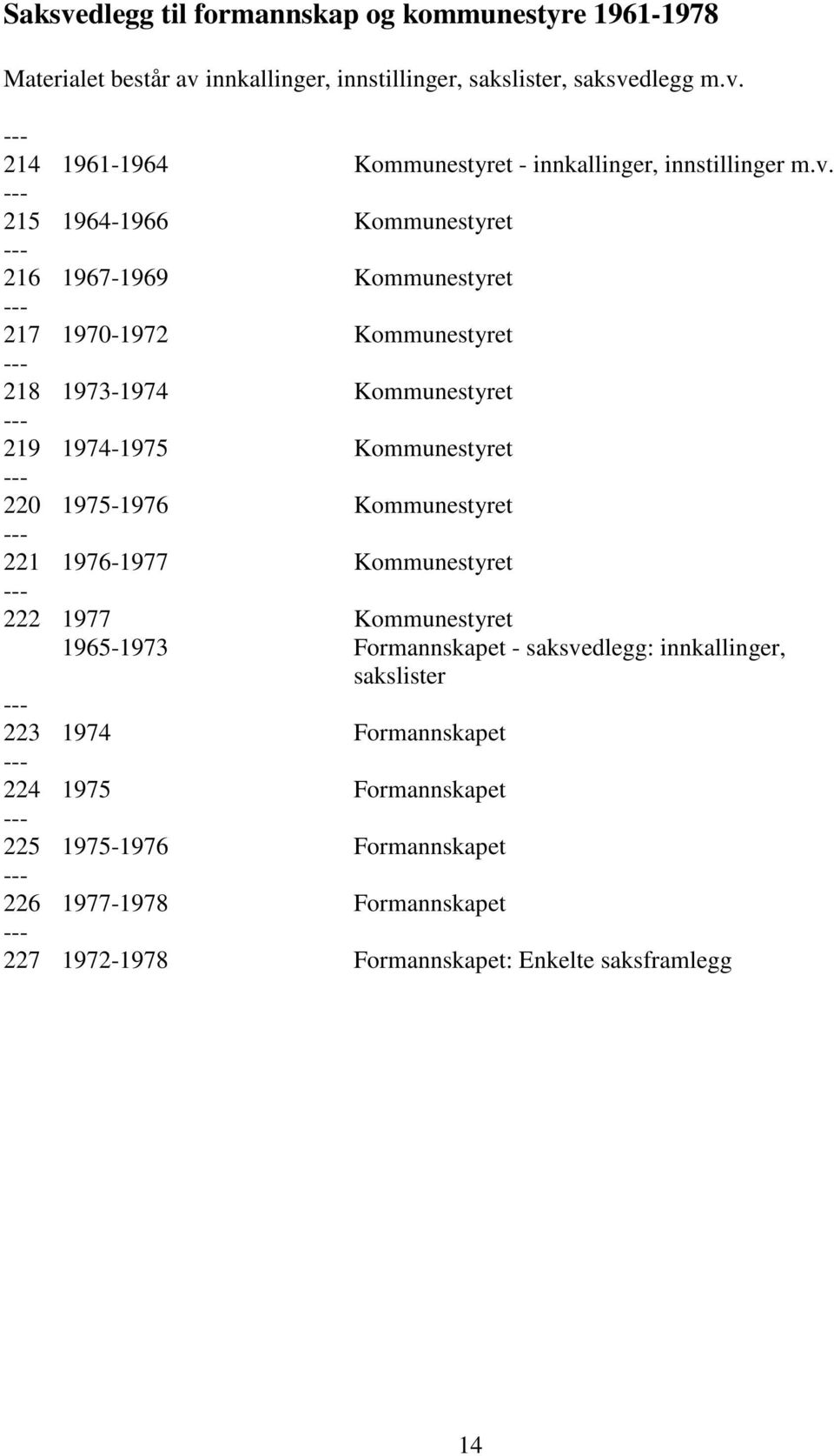 Kommunestyret 221 1976-1977 Kommunestyret 222 1977 Kommunestyret 1965-1973 Formannskapet - saksvedlegg: innkallinger, sakslister 223 1974 Formannskapet 224