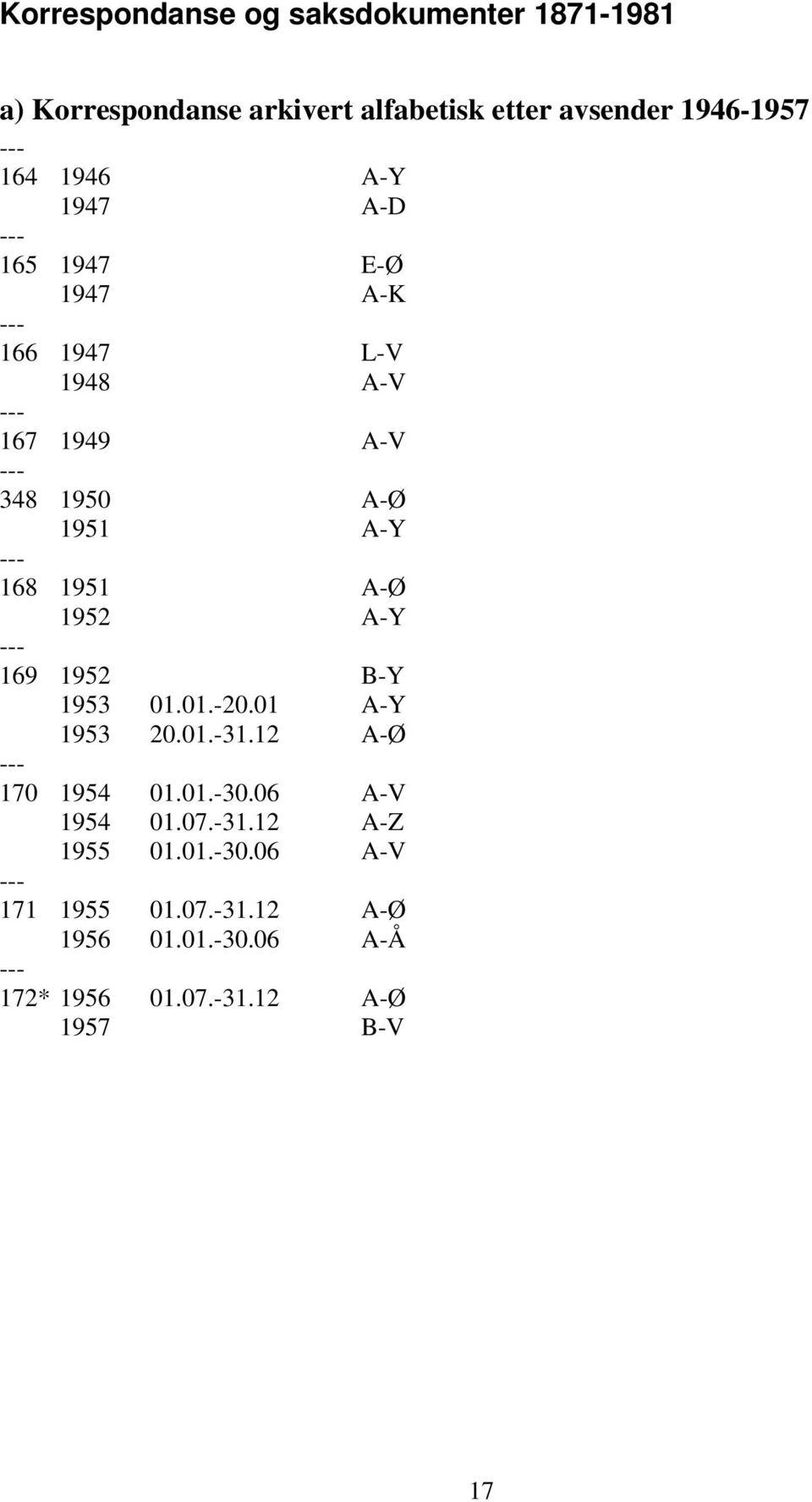 1952 A-Y 169 1952 B-Y 1953 01.01.-20.01 A-Y 1953 20.01.-31.12 A-Ø 170 1954 01.01.-30.06 A-V 1954 01.07.-31.12 A-Z 1955 01.