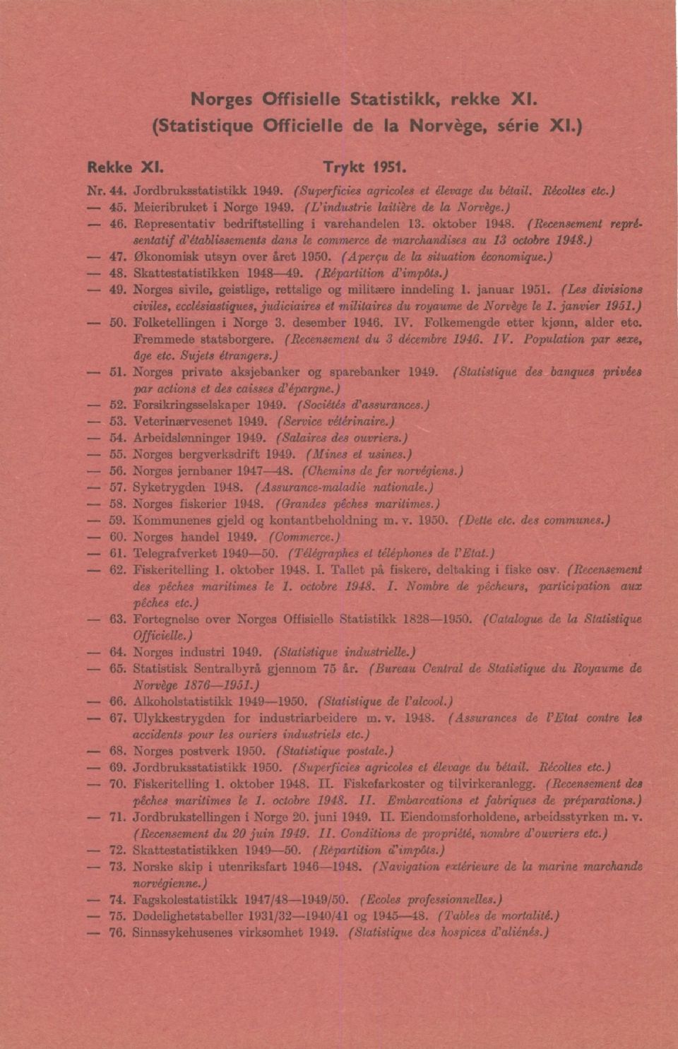 (Recensement représentatif d'établissements dans le commerce de marchandises au 3 octobre 948.) 47. Økonomisk utsyn over året 950. (Aperçu de la situation économique.) 48. Skattestatistikken 948-49.