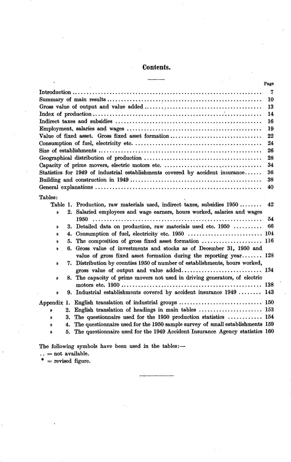 22 Consumption of fuel, electricity etc 24 Size of establishments 26 Geographical distribution of production 28 Capacity of prime movers, electric motors etc 34 Statistics for 949 of industrial