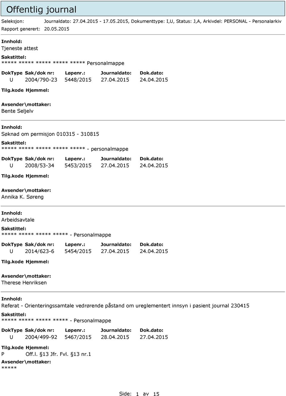 2015 Tjeneste attest ersonalmappe 2004/790-23 5448/2015 Bente Seljelv Søknad om permisjon 010315-310815 2008/53-34