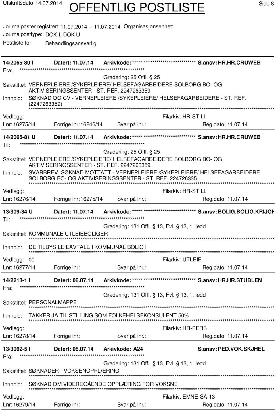 : 14/2065-81 U Datert: 11.07.14 Arkivkode:***** ****************************** S.ansv: HR.HR.CRUWEB 25 Offl.