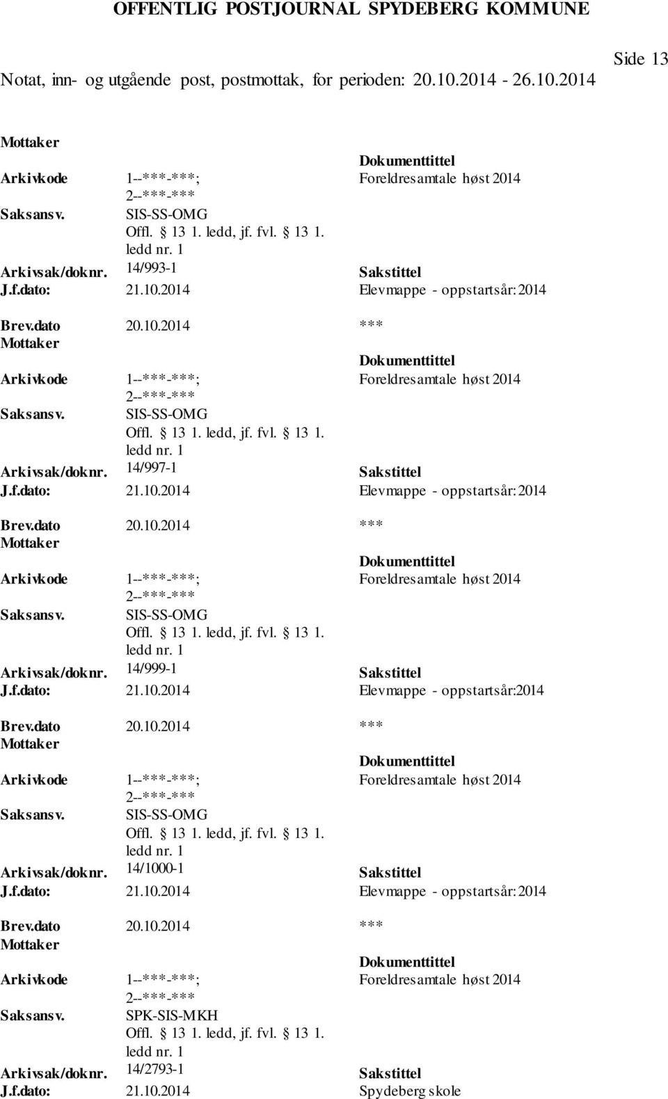 dato 20.10.2014 *** Mottaker Foreldresamtale høst 2014 SIS-SS-OMG Arkivsak/doknr. 14/1000-1 Sakstittel J.f.dato: 21.10.2014 Elevmappe - oppstartsår: 2014 Brev.dato 20.10.2014 *** Mottaker Foreldresamtale høst 2014 SPK-SIS-MKH Arkivsak/doknr.