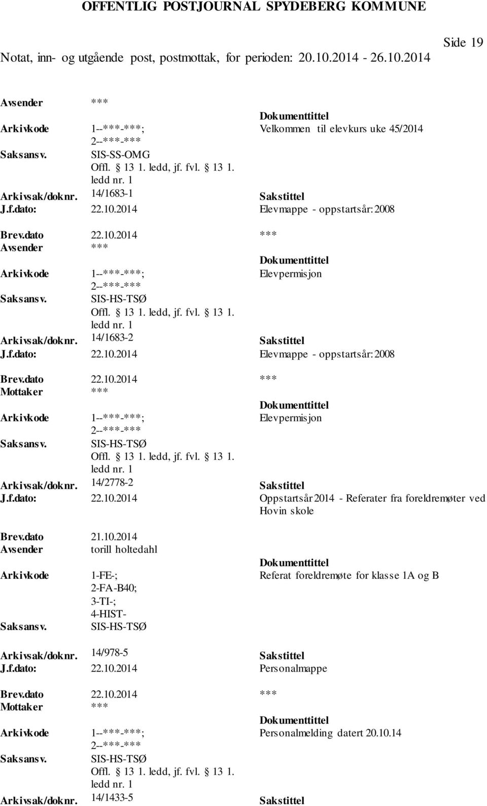 dato 21.10.2014 Avsender torill holtedahl 1-FE-; 2-FA-B40; 3-TI-; 4-HIST- SIS-HS-TSØ Referat foreldremøte for klasse 1A og B Arkivsak/doknr. 14/978-5 Sakstittel J.f.dato: 22.10.2014 Personalmappe Brev.