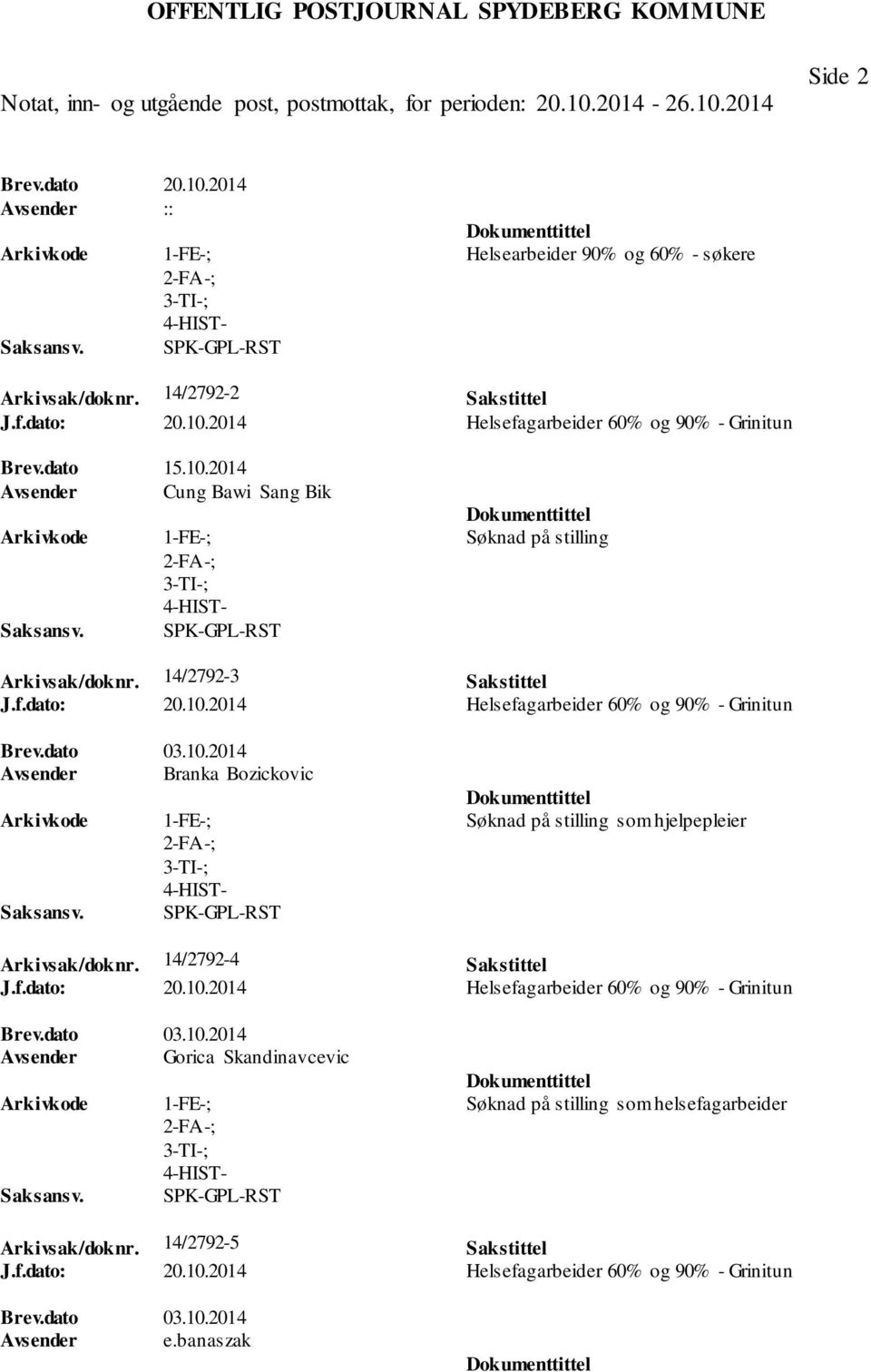 dato 03.10.2014 Avsender Branka Bozickovic 1-FE-; 2-FA-; 3-TI-; 4-HIST- SPK-GPL-RST Søknad på stilling som hjelpepleier Arkivsak/doknr. 14/2792-4 Sakstittel J.f.dato: 20.10.2014 Helsefagarbeider 60% og 90% - Grinitun Brev.