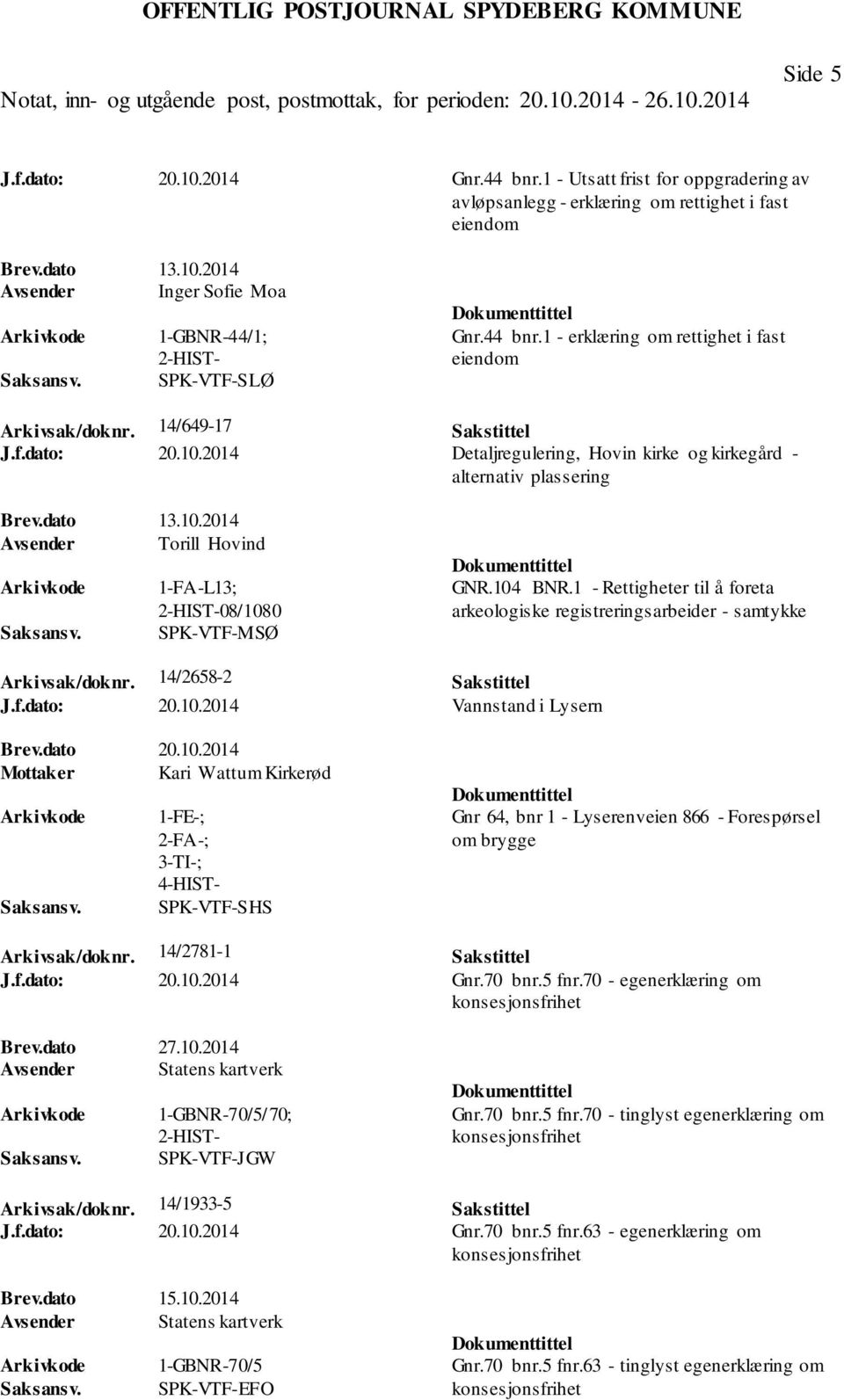 104 BNR.1 - Rettigheter til å foreta arkeologiske registreringsarbeider - samtykke Arkivsak/doknr. 14/2658-2 Sakstittel J.f.dato: 20.10.2014 Vannstand i Lysern Brev.dato 20.10.2014 Mottaker Kari Wattum Kirkerød 1-FE-; 2-FA-; 3-TI-; 4-HIST- SPK-VTF-SHS Gnr 64, bnr 1 - Lyserenveien 866 - Forespørsel om brygge Arkivsak/doknr.