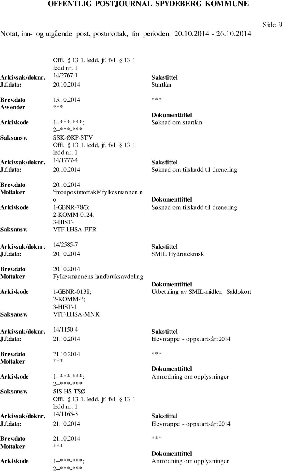 dato 20.10.2014 Mottaker Fylkesmannens landbruksavdeling 1-GBNR-0138; 2-KOMM-3; 3-HIST-1 VTF-LHSA-MNK Utbetaling av SMIL-midler. Saldokort Arkivsak/doknr. 14/1150-4 Sakstittel J.f.dato: 21.10.2014 Elevmappe - oppstartsår: 2014 Brev.