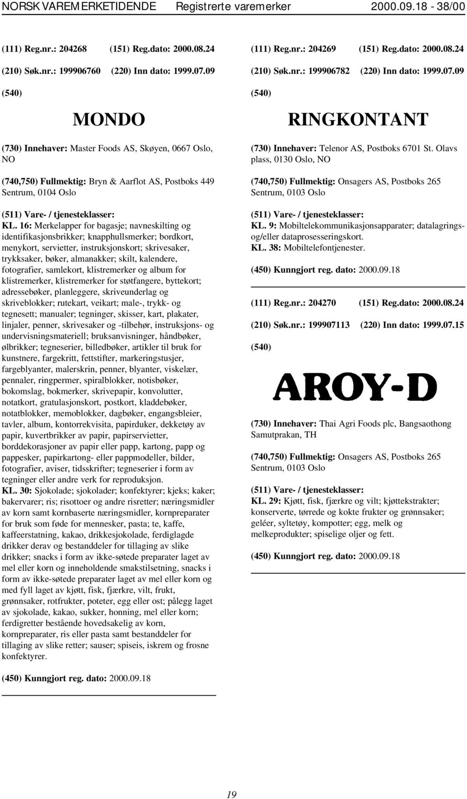 09 MONDO RINGKONTANT (730) Innehaver: Master Foods AS, Skøyen, 0667 Oslo, NO (740,750) Fullmektig: Bryn & Aarflot AS, Postboks 449 Sentrum, 0104 Oslo KL.