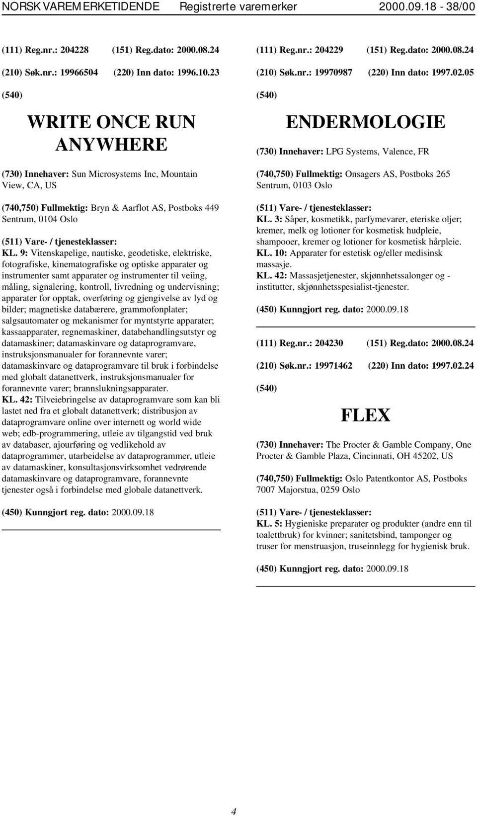 05 WRITE ONCE RUN ANYWHERE ENDERMOLOGIE (730) Innehaver: LPG Systems, Valence, FR (730) Innehaver: Sun Microsystems Inc, Mountain View, CA, US (740,750) Fullmektig: Bryn & Aarflot AS, Postboks 449